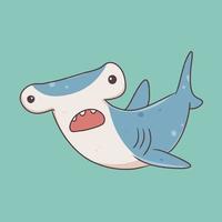 lindo personaje de dibujos animados de pez tiburón martillo, ilustración y vector submarino de animales marinos