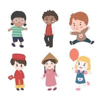 colección de vectores de ilustración de personajes de retrato de niñas y niños felices, niños de diversidad de nacionalidades