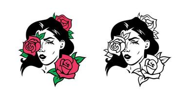Illustrations of Retro Girls with Roses vector