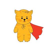 Tiger cub is a super hero. Children's vector stock illustration. A little kitten with a red cape. Isolated on a white background.
