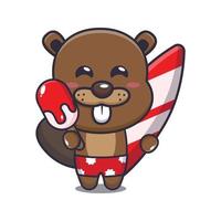 Cute beaver cartoon mascot character with surfboard holding ice vector