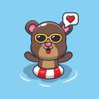 Lindo personaje de mascota de dibujos animados de oso nadando en la piscina vector
