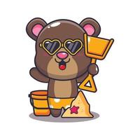 personaje de mascota de dibujos animados lindo oso jugando playa de arena vector