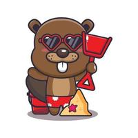 Cute beaver cartoon mascot character playing sand beach vector
