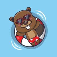 Cute beaver cartoon mascot character swim in beach on buoy vector