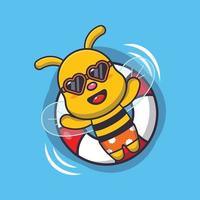 lindo personaje de mascota de dibujos animados de abeja nadar en la playa en boya vector