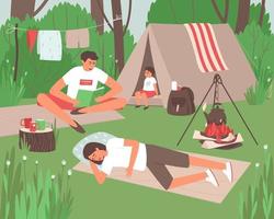 The family is resting outdoors in the forest vector