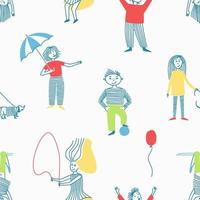 Seamless pattern of children, drawn with multicolored spot and line, doing different things vector