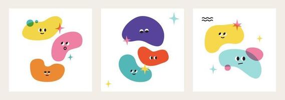 Colorful blobs with cute emotions vector collection, set of square design template. Emotion and cartoon faces on color blotches, isolated background.