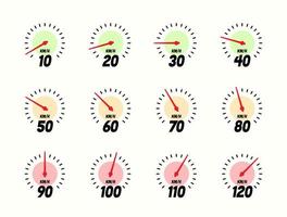Speedometers icon set, of yellow green and red color. Different driving speed collection, modern vector design.