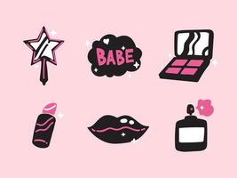 Cartoon MakeUp Graphics, Beauty Services Illustration Icon Set. Mirror, Shadows, Lipstick, Blush, Powder. Suitable for Small Businesses, Cosmetic Stores, Salons And Spas. vector