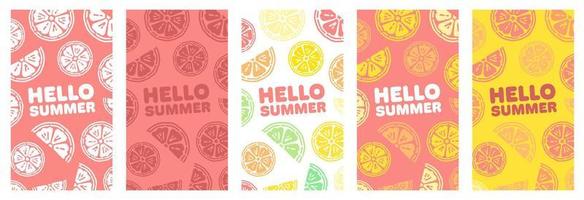 Hello Summer Citrus Backgrounds Collection, Vertical Stories Template for Social Media. Lemon, Orange, Grapefruit and Lime Juicy Backgrounds, suitable for Cafes, Menus, Restaurants Etc