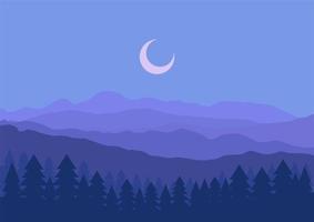 diseño plano de montañas y colinas en la noche paisaje vector