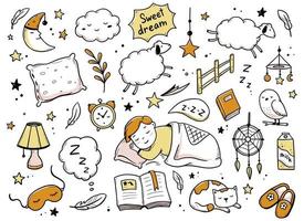 Sleep, relax time, dream night doodle set vector