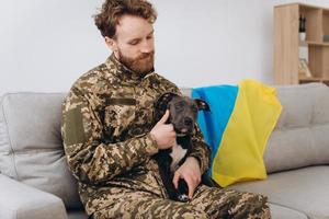 A Ukrainian soldier in military uniform is sitting on a sofa with his faithful friend, an Amstaff dog, on the background yellow and blue flag. photo