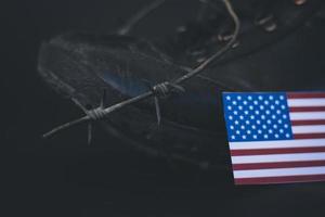 USA army, military boots flag USA and  Barbed Wire, military concept photo