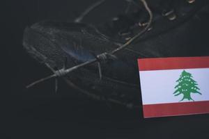 Lebanon army, military boots flag Lebanon and  Barbed Wire, military concept photo