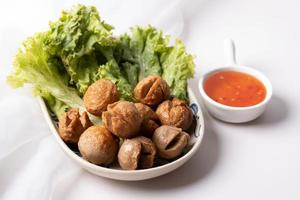 Fried meatballs and dipping sauce on a white background photo