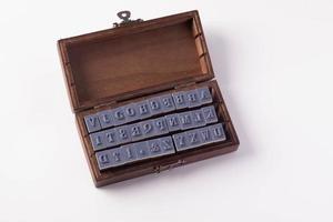 Letters stamping in a wooden camera on a white background. photo