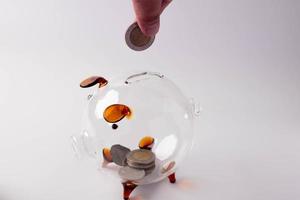 Hands are putting coins in a piggy bank. Money saving concept photo