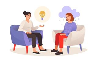 Psychological help. A sad woman in a session with a psychologist. A conversation with a psychologist. Mental health. Cartoon vector illustration