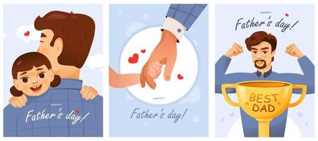 A set of postcards for Father's Day. The best dad. Father with children. Cartoon vector illustration