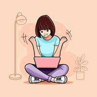 Happy young girl using laptop and hand gesture success celebrate vector illustration free download