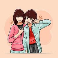 dos chicas jóvenes con expresiones felices ilustración vectorial descarga gratuita vector