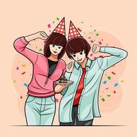Two young girls celebrating a birthday vector illustration free download