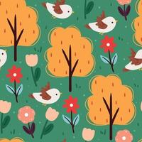 pájaro, árbol, flor y planta de patrones sin fisuras. lindo papel tapiz para niños, estampado de tela, textil vector