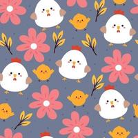 seamless pattern hand drawing cartoon chicken, chick, flower and plant. botanical wallpaper in blue background for textile, fabric print vector