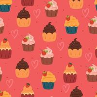 seamless, patrón, mano, dibujo, caricatura, cupcake vector