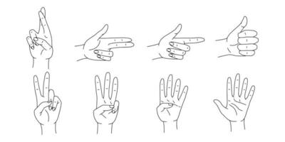 Hands poses vector set. Various hand gestures line art. Vector illustration isolated on white