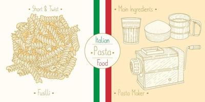 cocinando comida italiana en forma de fusilli de pasta e ingredientes principales y equipos para hacer pasta, dibujando ilustraciones en estilo antiguo vector