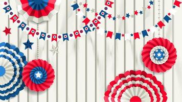 Patriotic template with paper pinwheels hanging on a wooden white fence. Red, blue and white colors vector