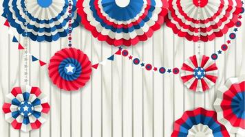 Patriotic template with paper fans hanging on a wooden white fence. Red, blue and white colors