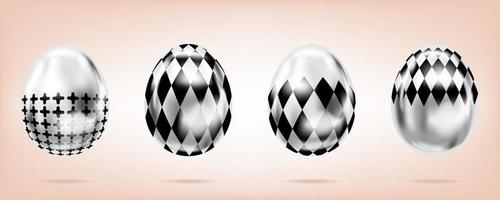 cuatro huevos de plata sobre fondo rosa. objetos aislados para la decoración de Pascua. cruz y domino rum adornado