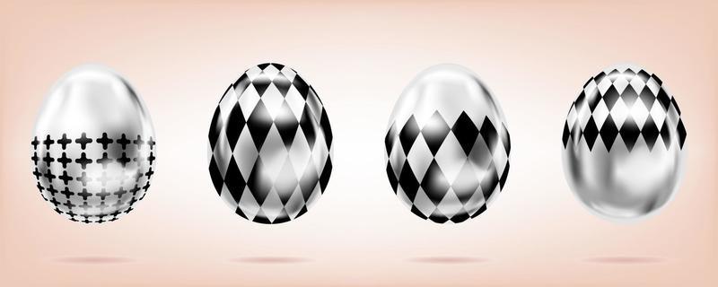 Four silver eggs on the pink background. Isolated objects for Easter decoration. Cross and domino rumb ornate