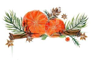 Christmas floral vignette with ale branches and oranges and cinnamon and anise. Decor vignette for cute Christmas and New Year greetings and invitations