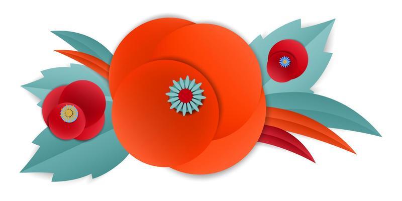 Vector cut paper poppy flowers in vignette
