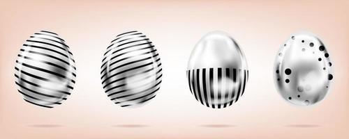 cuatro huevos de plata sobre fondo rosa. objetos aislados para la decoración de Pascua. puntos y rayas adornados vector