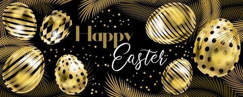 Happy Easter banner with golden eggs and palm branches on the black vector