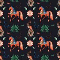 Russian folk floral dark seamless pattern with peacock and horse vector