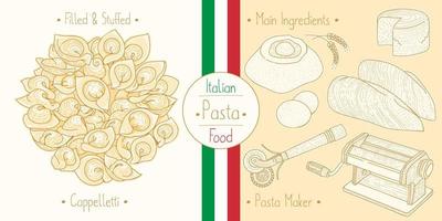 cocinar comida italiana pasta de cabello de ángel capellini e ingredientes principales y equipos para hacer pasta, dibujar ilustraciones en estilo antiguo vector