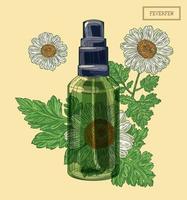 Medical feverfew branch and green glass sprayer, hand drawn illustration in a retro style