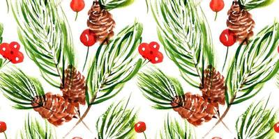 Christmas floral watercolor seamless pattern. Pine branches and cones and winter red berries. Tiled decor for cute Christmas and New Year greetings and invitations vector