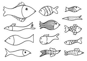 set of fish skeleton doodle isolated on white background. vector