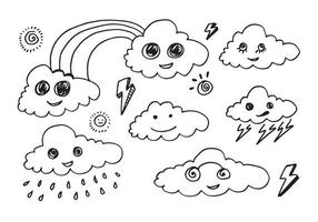 iconos de pronóstico del tiempo kawaii. divertidas nubes vectoriales dibujadas a mano. ilustración vectorial. vector