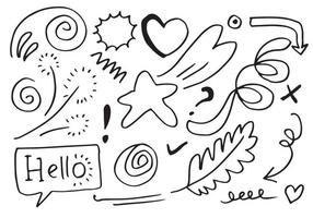 leaves, hearts, abstract, ribbons, arrows and other elements in hand drawn styles for concept designs. Doodle illustration. Vector template for decoration