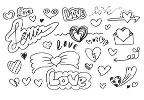 hand drawn doodles set for Valentine's Day. collection of beautiful hearts and writings Love. Vector illustration.